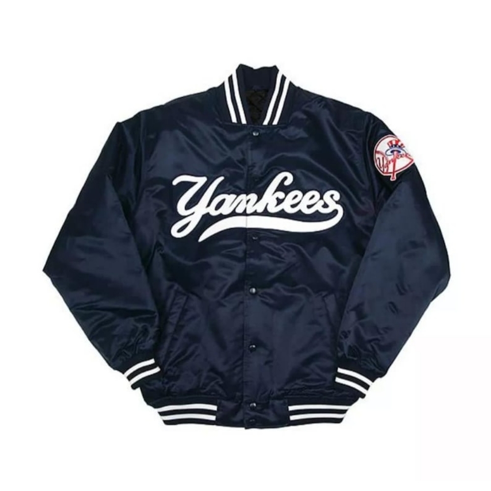 NY Yankees Vintage 90s Athletic Varsity Jacket Navy Blue Satin Bomber Style